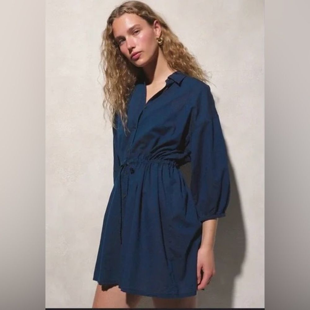 J.Crew Navy Blue Button-Up Mini Dress or Tunic Sz M Balloon Sleeve Vacation
